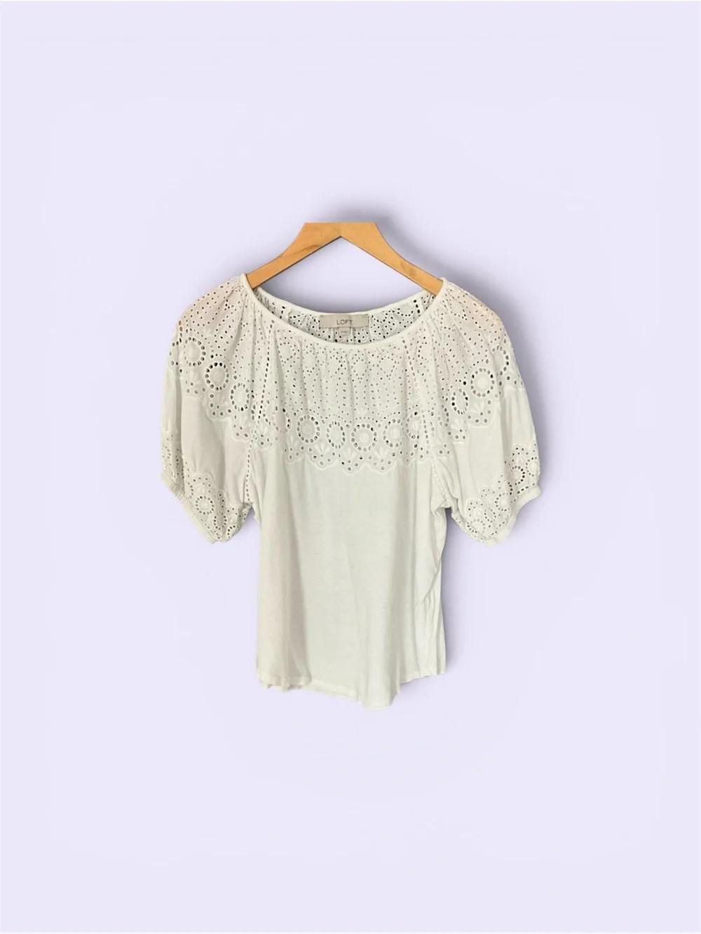 LOFT Cream Eyelet Yoke Puff Sleeve Top